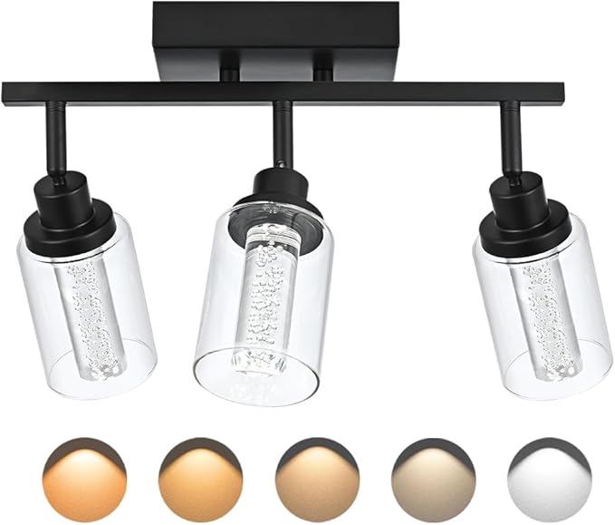 MELUCEE 3 Lights LED Track Lighting Kit Ceiling Bathroom Vanity Light Fixtures Wall Mounted Lamp Black Finished with Flexibly Rotatable Light Heads, Built-in LED Chips, 5-Color Temperature Adjustable