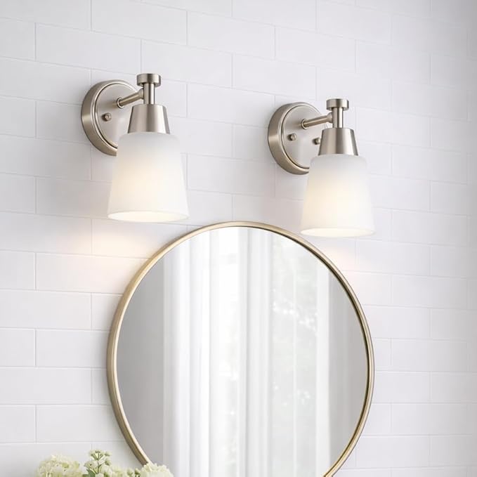 1-Light Bathroom Vanity Light Set of 2, Brushed Nickel Finish Wall Sconce with Milk Glass, Over Mirror, for Bathroom Vanity