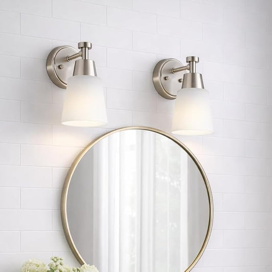 1-Light Bathroom Vanity Light Set of 2, Brushed Nickel Finish Wall Sconce with Milk Glass, Over Mirror, for Bathroom Vanity
