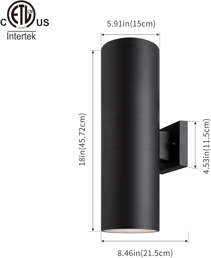 mirrea 18" Modern Outdoor Porch Light Patio Light in 2 Lights with Aluminum Cylinder and Tempered Glass Cover Waterproof Wall Sconce 2 Pack (Matte Black)