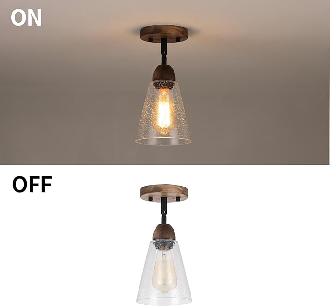 Rustic Farmhouse Glass Flush Mount Ceiling Light Fixture Mini Clear Seeded Glass Shade and Oak Wood Semi Flush Mount Ceiling Light for Kitchen Hallway Entryway Sink Farmhouse