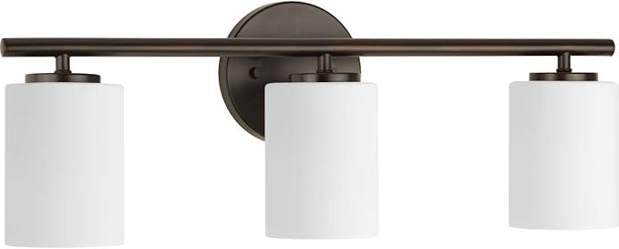 Progress Lighting Replay Collection 3 Light Bathroom Vanity Light, Modern Bath Lighting Fixture with Etched White Glass Shades for Over the Mirror, Reversible Mounting, Antique Bronze