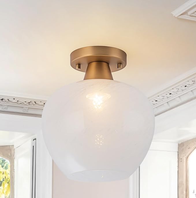 Glass Globe Semi Flush Mount Ceiling Light 9" Mid Century Modern Ceiling Light Fixture with Cloud Texture Glass Open Shade Gold Hallway Lights Fixtures for Entryway Foyer Bedroom Laundry Room