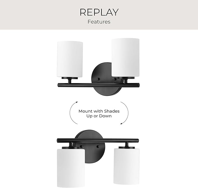 Progress Lighting 2-Light Bathroom Vanity Light, Modern Bath Lighting Fixture with Etched White Glass Shades for Over the Mirror, Reversible Mounting, Replay Collection, Textured Black