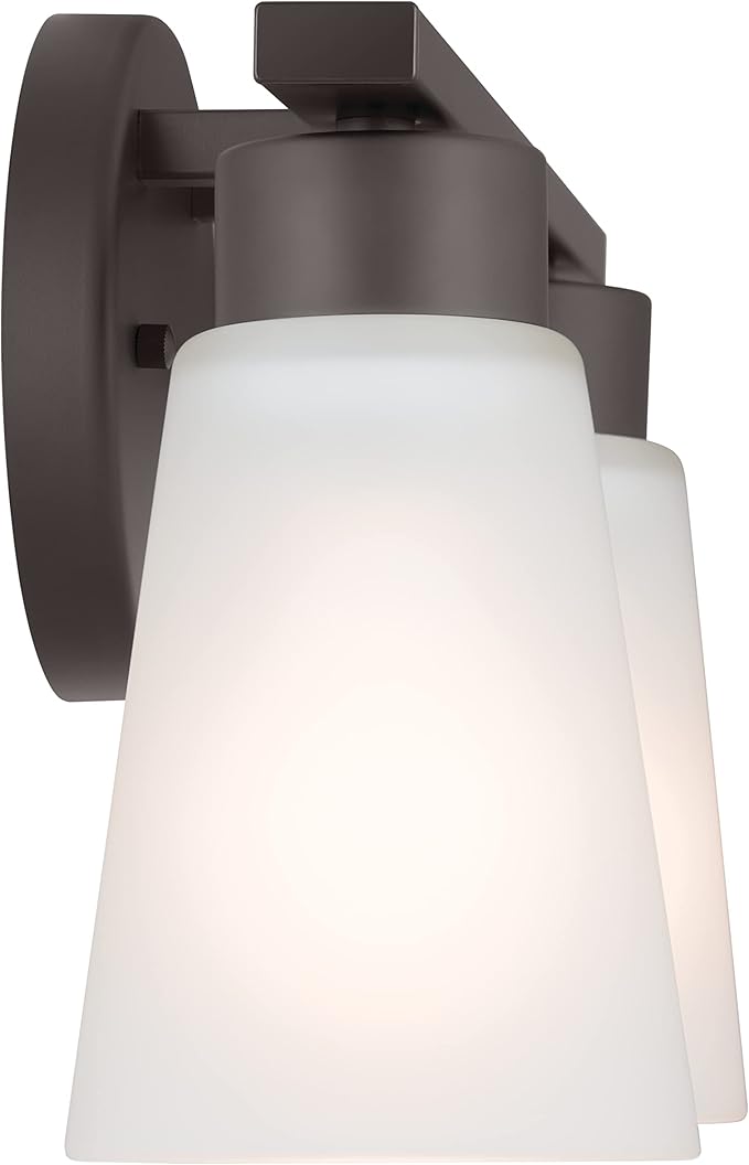 Kichler Stamos 2-Light Bathroom Vanity Light with Satch Etched Glass Shades, 13" Modern Wall Light in Olde Bronze®, (13" x 8" x 5")