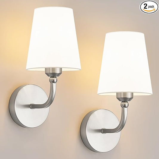 Modern Bathroom Vanity Light, Brushed Nickel Bathroom Light Fixtures, Set of 2 Lighting Fixtures Over Mirror, Modern Wall Sconce with Flared White Fabric Shade, E26 Socket(ETL Listed)