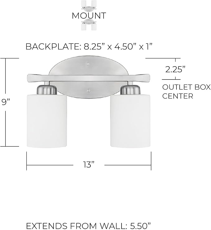 HomePlace by Capital Lighting 115221BN-338 Dixon Modern Soft White Glass Bathroom Vanity Wall Light, 2-Light 200 Total Watts, 9" H x 13" W, Brushed Nickel