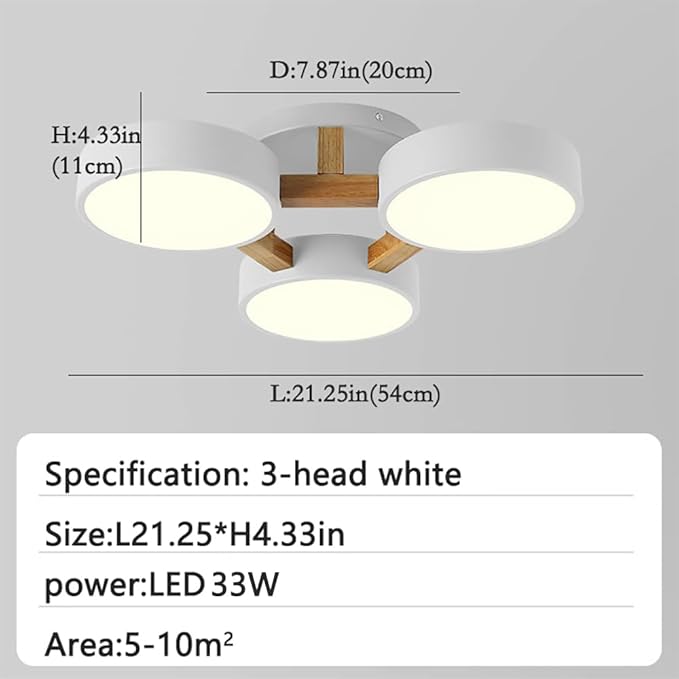 LED Ceiling Light Fixture,21 Inch 3-Lights Modern Ceiling Lights Flush Mount Wooden 33W Chandelier for Living Room Bedroom Kitchen,Dimmable 3000K/4000K/6000K Temperatures Selectable, White