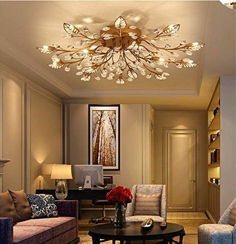Modern Crystal Ceiling Light Fixture,Gold Semi Flush Mount Chandeliers,Crystal Leaf Ceiling Lighting,Pendent Lamp for Dining Room,Living Room,Bedroom