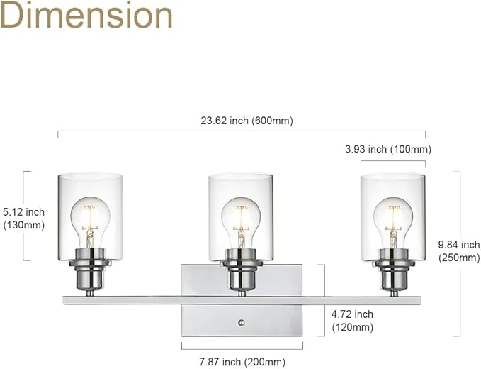 VINLUZ 3 Light Wall Light Fixture with Clear Glass Shade Classic Bathroom Vanity Lighting Fixture in Chrome Finish Metal Wall Mounted Lamp for Powder Room Hallway