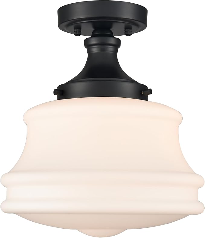 Black Schoolhouse Ceiling Light Milk Glass Semi Flush Mount Ceiling Light 11-Inch Modern Matte Black Schoolhouse Light Fixtures for Hallway Bedroom Bathroom Kitchen Foyer