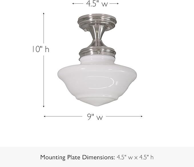 Design House Vintage-Inspired Schoolhouse Semi-Flush Mount Ceiling Light, 9 in x 9 in x 10 in, Satin Nickel, White Glass Shade, 577494