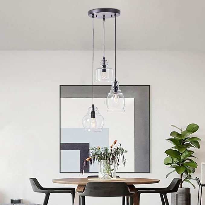 Wellmet Glass Pendant Light Fixtures for Dining Room, Hanging Modern Cluster Pendant Chandelier for Bedroom, 3 Lights Linear Barn Ceiling Kitchen Island Light for Foyer, Hallway