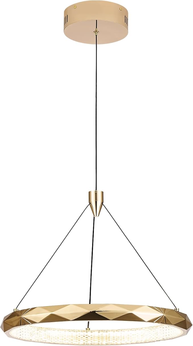 HEYAN Modern Gold Ring Chandelier, 16-Inch Faceted Geometric LED Pendant Light, Dimmable 3-Color Changeable Island Lighting, 25W Luxury Acrylic Crystal-Effect Ceiling Fixture for Dining Room & Kitchen