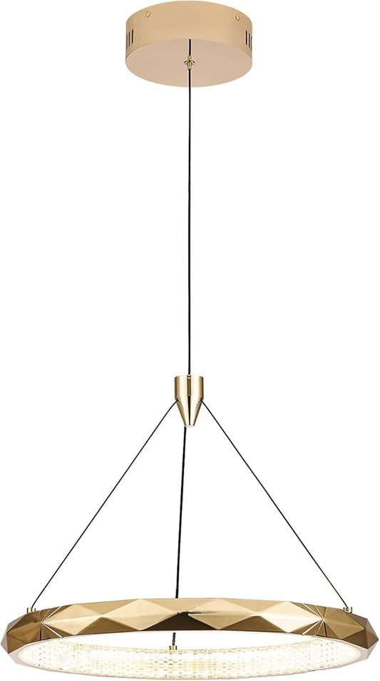 HEYAN Modern Gold Ring Chandelier, 16-Inch Faceted Geometric LED Pendant Light, Dimmable 3-Color Changeable Island Lighting, 25W Luxury Acrylic Crystal-Effect Ceiling Fixture for Dining Room & Kitchen