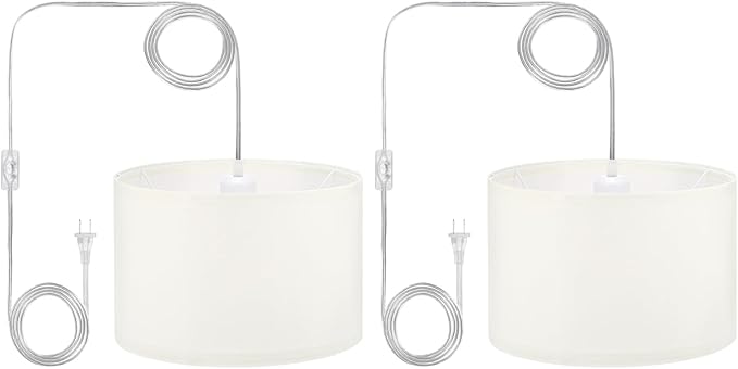 PATIKIL Plug in Pendant Light, 2 Pack 15Ft Rope Cord Hanging Lamp Fixture with ON/Off Switch, Linen Fabric Shade E26/E27 Bulb Socket for Bedroom Kitchen Living Room, Beige White