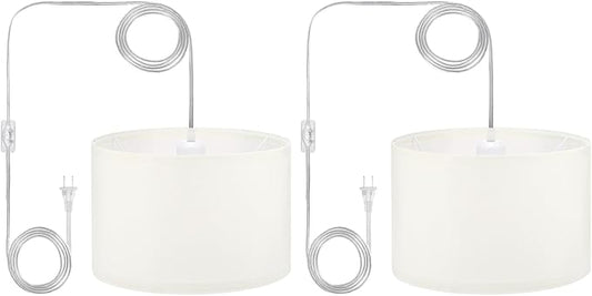 PATIKIL Plug in Pendant Light, 2 Pack 15Ft Rope Cord Hanging Lamp Fixture with ON/Off Switch, Linen Fabric Shade E26/E27 Bulb Socket for Bedroom Kitchen Living Room, Beige White