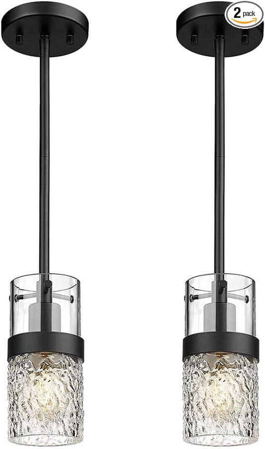 LMS Glass Pendant Lights Kitchen Island 2-Pack, Modern Black Pendant Light Set of 2 with Hammered Glass and Rods, Mini Hanging Lighting for Kitchen Island, Bathroom, Bedroom, LMS-201