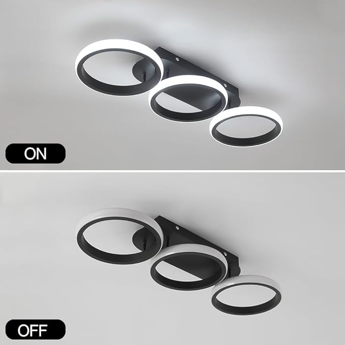 Modern LED Ceiling Light, 3-Round Rings Flush Mount, 30W 6000K Cool White, Bedroom Living Room Kitchen Office Lighting