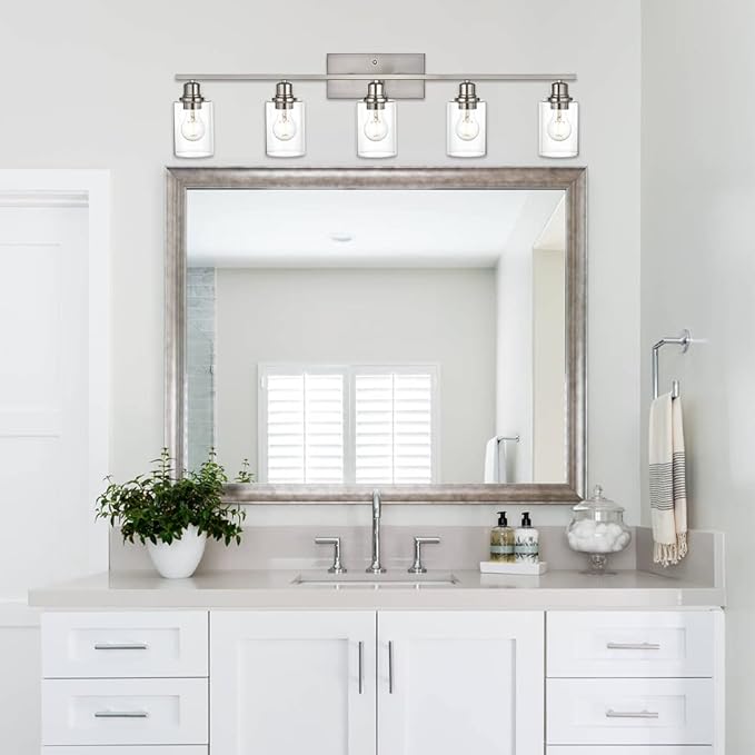 VINLUZ 5-Light Bathroom Vanity Light Fixtures in Brushed Nickel Finish Indoor Wall Sconce Lighting Over Mirror with Clear Glass Shade for Living Room, Bedroom, Hallway