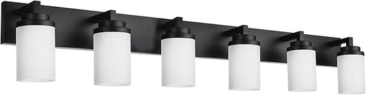TODOLUZ Matte Black Bathroom Light Fixtures, 6-Lights Vanity Lighting Over Mirror with Opal White Glass Shades, Farmhouse Wall Lamp E26 Bulb Base