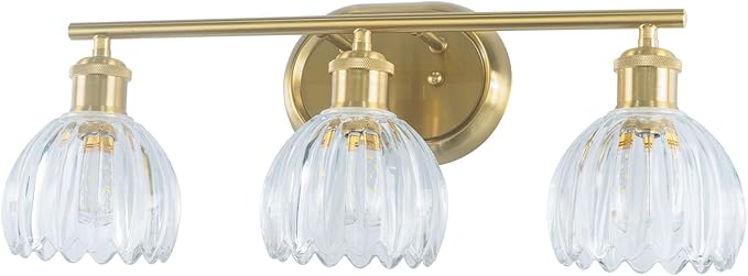 3-Light Bathroom Light Fixtures, Gold Vanity Lights for Bathroom with Ribbed Clear Tulip Glass Shade, Brass Vintage Wall Scone Lighting Over Mirror for Farmhouse,Bedroom,Living Room,Hallway