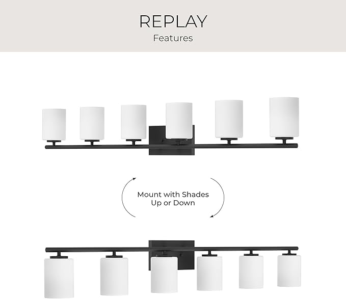 Progress Lighting Replay Collection 48 in. 6-Light Textured Black Etched White Glass Modern Bath Vanity Light