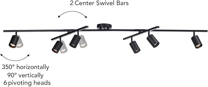 Globe Electric 59463 6-Light Track Lighting, Matte Black Finish, Center Swivel Bars, Adjustable Heads, Dimmable, GU10 Base, Modern Industrial Design