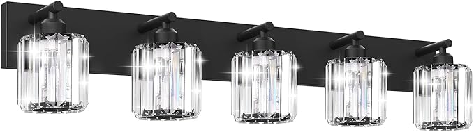 Black Crystal Bathroom Vanity Light, 5-Light Modern Bathroom Lighting Fixtures Over Mirror, Matte Black Wall Sconce Light Fixtures with Round Shade
