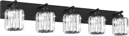 Black Crystal Bathroom Vanity Light, 5-Light Modern Bathroom Lighting Fixtures Over Mirror, Matte Black Wall Sconce Light Fixtures with Round Shade