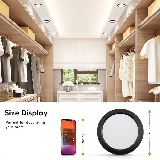ETL Certified 7 inch Small LED Flush Mount Ceiling Light Dimmable,5000K Daylight Ultra Slim Round Flat Panel Ceiling Light Fixture,Modern Ceiling Lamp for Closet,Kitchen,Bathroom 6 Pack(Black)