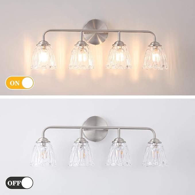 Daunton Vintage 4-Light Brushed Nickel Bathroom Light Fixtures, Elegant Bathroom Vanity Lights Over Mirror, Vanity Lighting with Clear Shade, Art Deco Wall Sconce Lighting for Bedroom