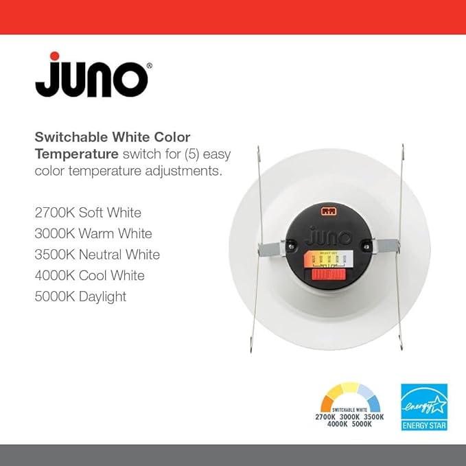 Juno E Series 5"/6" LED Ceiling Light, Smooth Trim Recessed Lighting with 5-in-1 Switchable White Color, 900 Lumens, Wet Rated LED Downlight, Dimmable, White