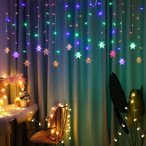 LED Curtain Lights,19ft/6M 96 LED Snowflake Curtain String Lights Plug-in Window Curtain Lights with 8 Modes Decoration for Christmas, Wedding, Party,Wall, Home Decorations (Colorful)