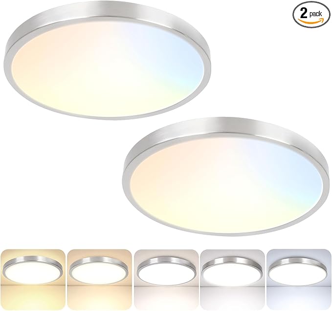2-Pack 36W Dimmable LED Ceiling Light Fixture, 13 inch 3600lm Super Bright Modern Flush Mount Light Fixtures, 2700K/3000K/4000K/5000K/6500K Adjustable Brushed Nickel Ceiling Lamp for Bathroom Bedroom