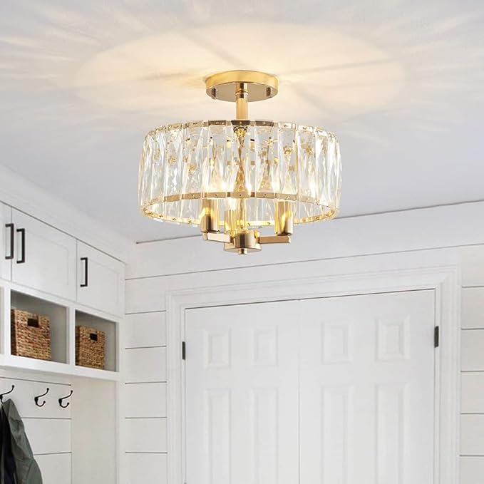 AGV LIGHTING CL003G K9 Crystal Semi Flush Mount Ceiling Light Fixture, E12 Base 3-Lights, D13 x H15, Shine Gold & Black Finish
