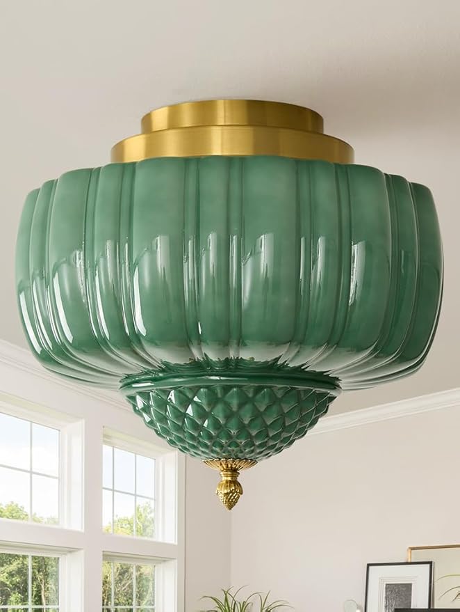 Vintage Ceiling Light Fixture 14 inch Semi Flush Mount Ceiling Light Mid Century Modern Green Glass Ceiling Lamp for Bedroom Kitchen Restaurant Hallway Schoolhouse