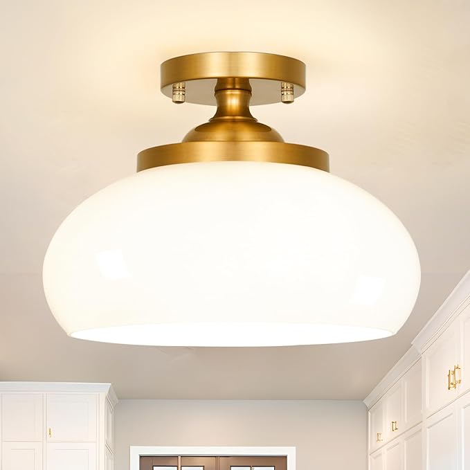 Mid-Century Gold Ceiling Light with Hand-Blown Milk Glass Shade - 12 Inch Semi Flush Mount Light Fixture for Hallway, Kitchen & Bedroom - Triple E12 Sockets for Even Illumination & Easy Installation