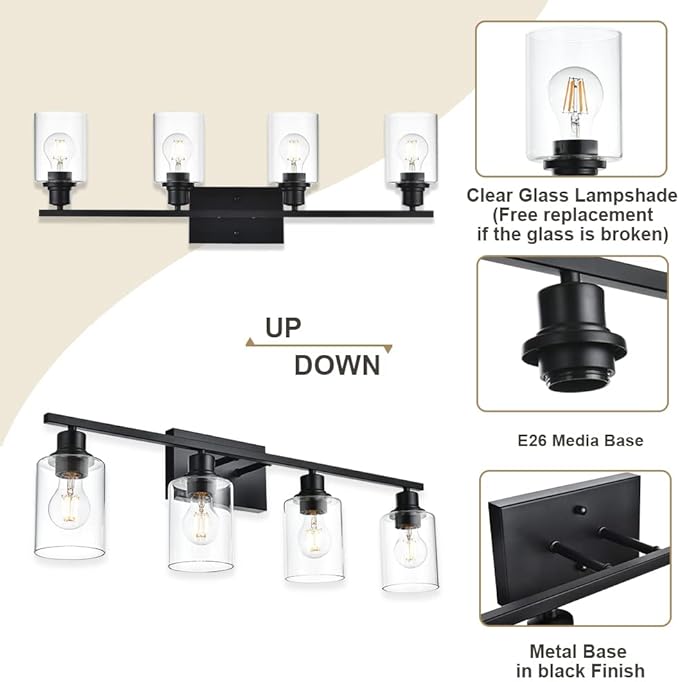 VINLUZ 4-Lights Black Bathroom Vanity Light Fixtures with Clear Cylinder Glass Shade,Industrial Metal Wall Mounted Lighting Over Mirror