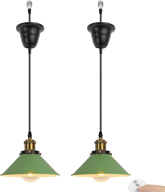 2 Pcs Ceiling Light Conversion Dimmable Pendant E26 Base Connections Metal Green Cone Shade Industrial Style Adjusted 3.2ft Wire Conversion Kit for E26 Spot Light