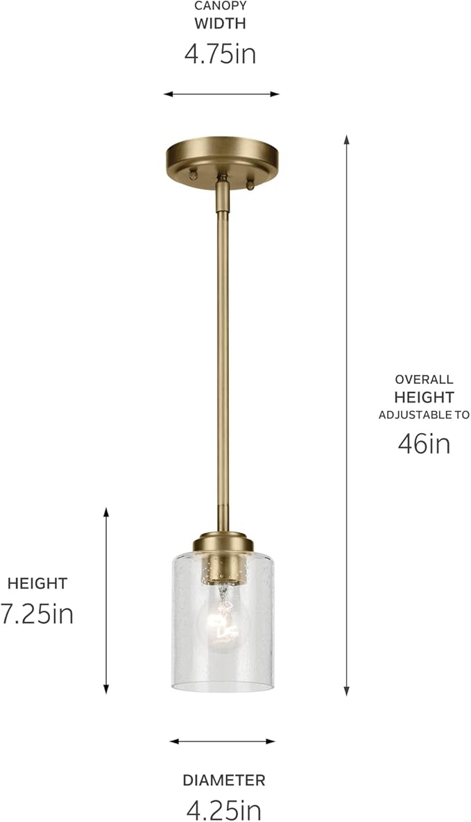 Kichler Winslow 7.5" 1-Light Mini Pendant Light with Clear Seeded Glass in Natural Brass for Kitchen, Bar, Laundry Sink, Bar Island (7.5" x 4.25"), 44032NBR