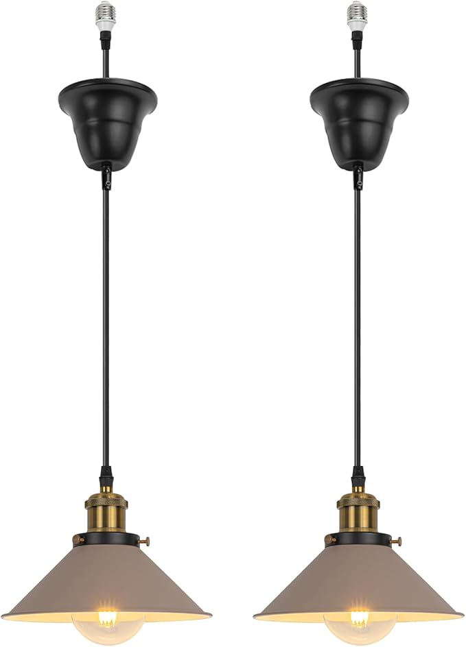 2 Pcs Ceiling Lights Conversion Pendant E26 Base Connections Adjusted Wire Length Cone Metal Khaki Lampshade Industrial Style Conversion Kit for E26 Ceiling Lamp Fixtures