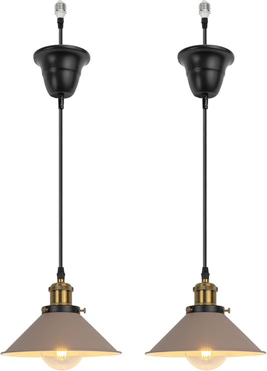 2 Pcs Ceiling Lights Conversion Pendant E26 Base Connections Adjusted Wire Length Cone Metal Khaki Lampshade Industrial Style Conversion Kit for E26 Ceiling Lamp Fixtures