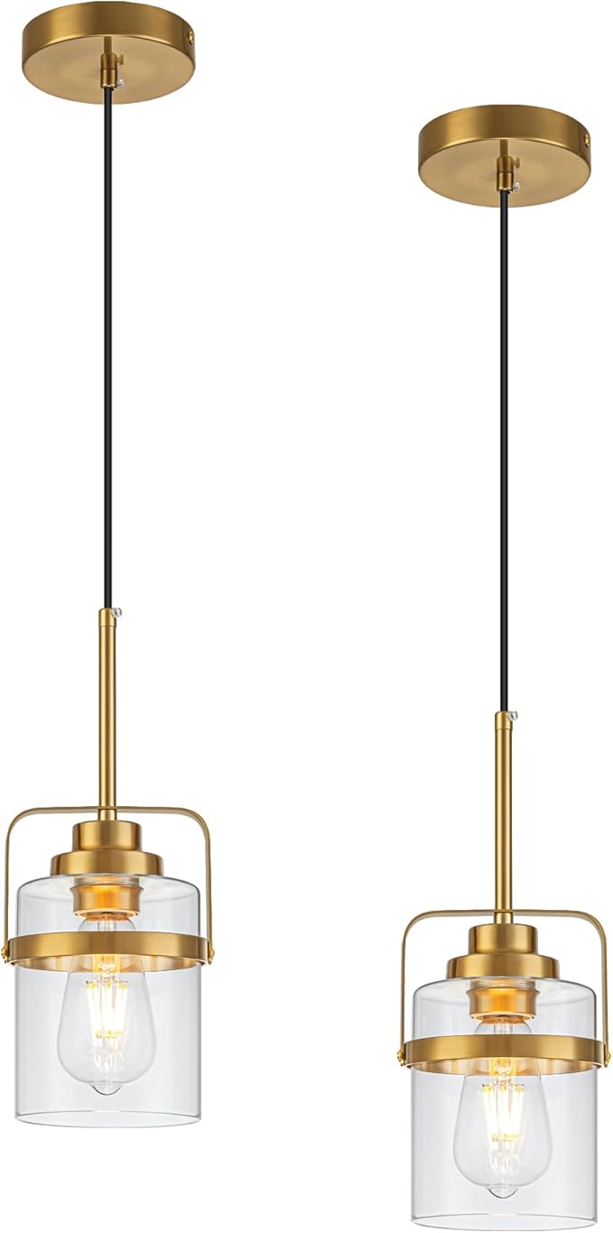 Modern Brass Pendant Lights Kitchen Island Light, Adjustable Hanging Light Fixture with Clear Glass Shade, Farmhouse Pendant Light for Dining Room Bar Over Sink/Table/Counter, 2 Pack