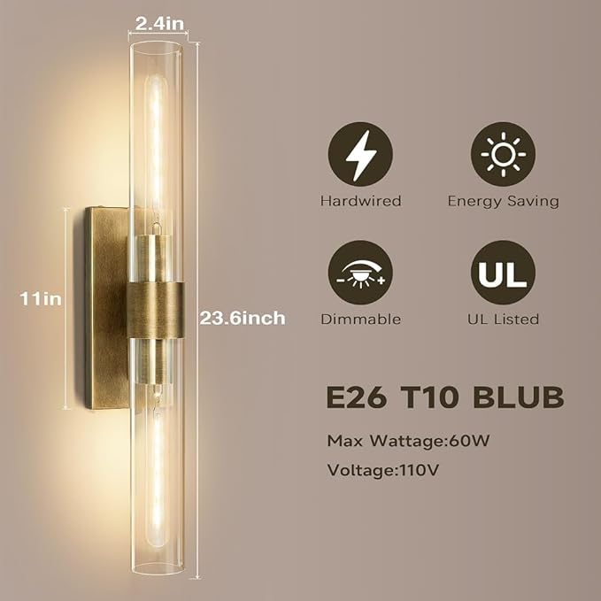 Wall Sconces Set of Two, 22.8" Gold Bathroom Sconces Wall Lighting with Clear Glass, Modern Sconces Wall Decor Brass Light Fixtures for Bathroom Mirror Living Room Hallway Bedroom