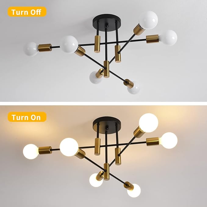 Garwarm Ceiling Light Fixture, 6-Lights Black and Gold Mid Century Semi Flush Mount Ceiling Light,Modern Sputnik Chandelier for Kitchen Dining Room Bedroom Entryway Hallway