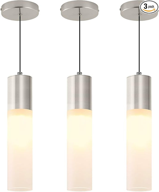 Modern Pendant Lights Kitchen Island 3 Pack LED Pendant Lighting Brushed Nickel with Milky White Lampshade Adjustable Hanging Ceiling Light for Dining Room Bath Entryway, 3000K-6000K