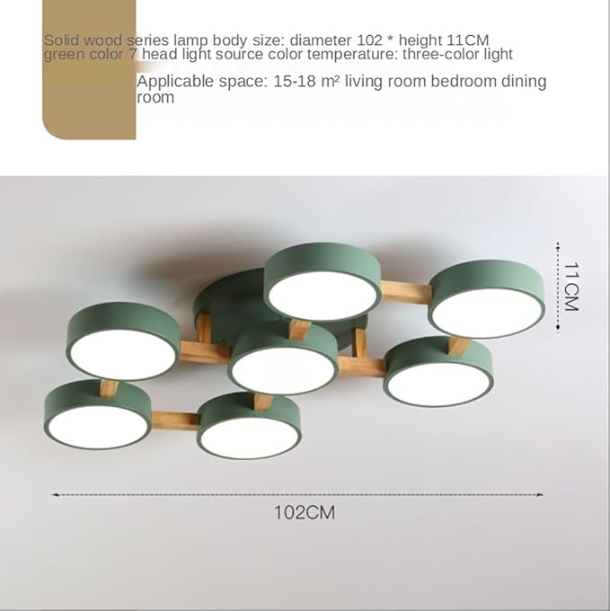 7-Lights LED Ceiling Light Fixture,40 Inch Modern Ceiling Lights Flush Mount Wooden 84W Chandelier for Living Room Bedroom Kitchen,Dimmable 3000K/4000K/6000K Temperatures Selectable Green