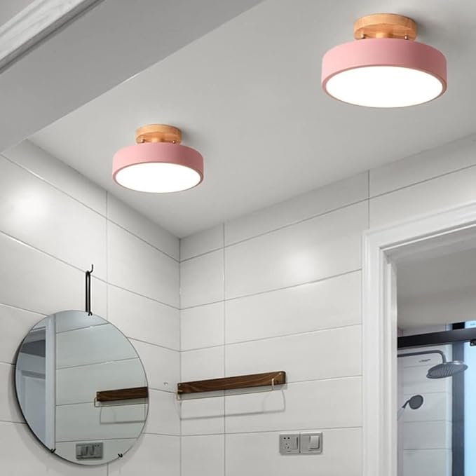 Close To Ceiling Lights Round Metal Three-Color Led Ceiling Light Minimalist Circle Wood Canopy Ceiling Lamp Semi Flush Mount Ceiling Light Fixtures for Restaurant Living Room Kitchen Entry Hallway Ba