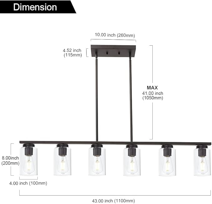 TODOLUZ 6-Light Kitchen Island Lighting Fixtures, Clear Glass Farmhouse Pendant Lights Hanging Chandelier in Oil Rubbed Bronze for Dining Room Table Cafe Bar